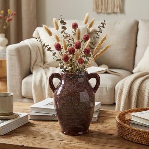 Sunddo Brown Ceramic Vase 8 Inch - Rustic Decorative Flower Vase with 2 Handles, Farmhouse Decor, Bedroom, Bathroom, Bookshelf, Mantel, Living Room Decor - color: Brown - 8, size: 8 Inch