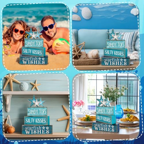 Yuntau 4 Pcs Summer Table Decorations Beach Tiered Tray Decor Starfish Coastal Rustic Wooden Block Sign Stacked Book Nautical Table Centerpiece for Farmhouse Home Living Room Office Desk Shelf Mantel - style: Starfish