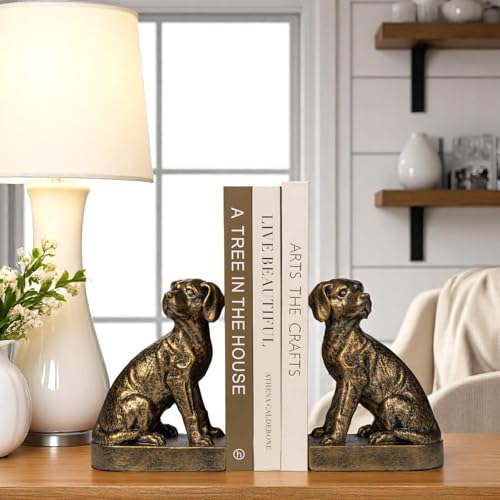 Decorative Bookends for Shelves, Dog Book Ends for Heavy Books, Labrador Retriever Statues Bookends for Heavy Books with Anti-Slip Base Book Holders for Home Office Decor (Gold)