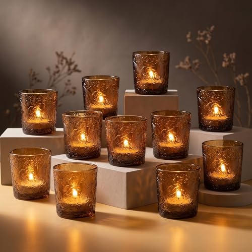 12 Pack Hummingbird Embossed Glass Candle Holders – Votive Tealight Holders with Patent Design, Decorative Embossed Glass Cups for Wedding Centerpieces, Parties, and Home Décor (Chestnut Brown) - color: Chestnut Brown
