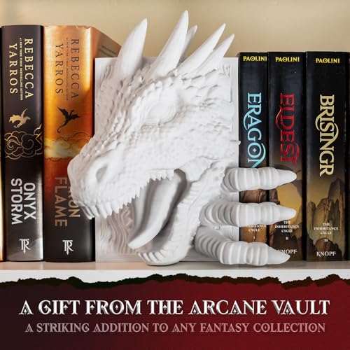 Dragon Bookend | Pops Off Your Shelf | Paintable Solid Build | Use Between Books or on a Bookshelf End or Book Nook | Fantasy Dragon Decor | Medieval Shelves Booknook Bookends (Unpainted Bone White) - color: Unpainted Bone White