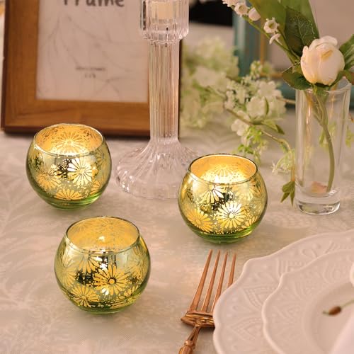 Green Mercury Glass Votive Candle Holders Set of 12, Round Tealight Candle Holders Bulk for Table Centerpieces, Weddings, Shower Gifts, Christmas, Halloween Party Decorations - color: Green