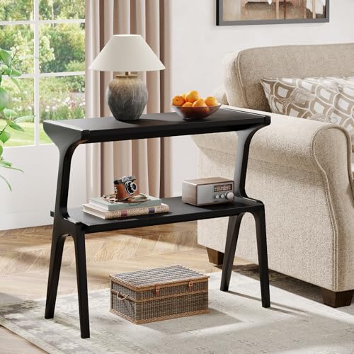 Tribesigns Solid Wood End Table, Modern Side Table for Couch, 2-Tier Narrow Tall End Table, Long Bedside Table for Living Room, Bedroom, Black - color: Black