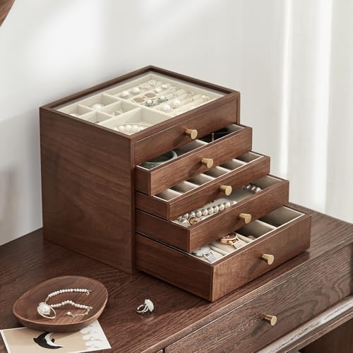 CHOSIN Black Walnut Wooden Jewelry Box Women large 5 Level Drawer Organizer Box with Glass Lid for Necklaces Watch Necklace Ring Earring Storage Gifts for Mom - style: 5 Layer