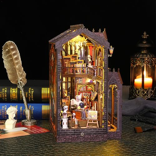 DIY Book Nook Kit - Miniature Dolls House Kit with Furniture and LED Light, 3D Puzzle Wooden Art Bookends, Model Kits for Adults to Build (Wonderful Studio)