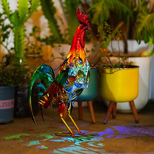 19 Inch Solar Rooster Statue, Metal Yard Art with Colorful Lights for Garden Lawn Outdoor Decoration Gifts - style: Roosters