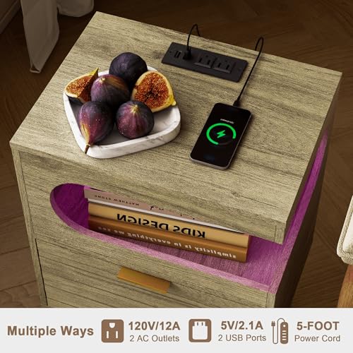 Veegle Nightstand,Modern Bedside Table with Storage Drawer and Open Wood Shelf, Accent Night Stand with Solid Wood Legs for Living Room, Bedroom and Small Spaces,Easy Assembly (Grey Oak) - color: Grey Oak