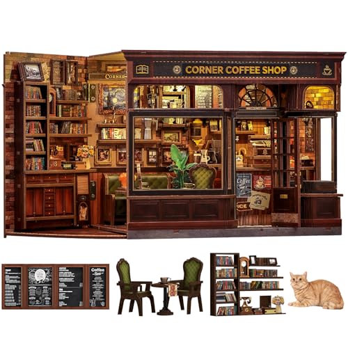 Fsolis Book Nook Kit - DIY 3D Wooden Puzzles for Adults Coffee House with Cat Diorama Booknook Bookstore Mini House Building Kit Gifts for Women Readers Book Lovers (Corner Coffee Shop) - style: Corner Coffee Shop