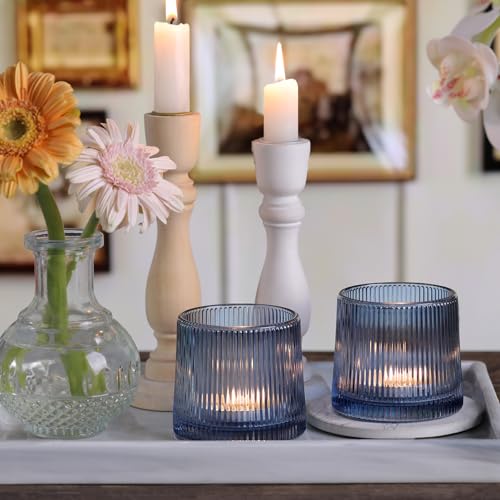 DARJEN Blue Ribbed Tealight Votive Candle Holders- 6Pack Glass Candle Holders for Table Centerpiece, Wedding Decor, Home Decor, Party Dinner - color: Blue, size: 6Pcs