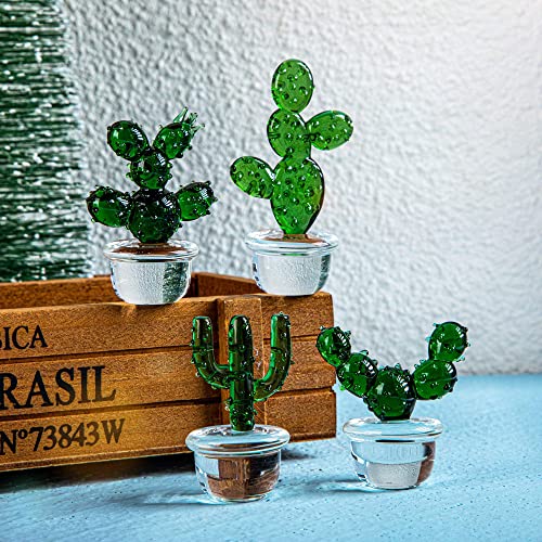 H&D HYALINE & DORA 4pcs Handmade Glass Blown Cactus Cute Crystal Art Cactus Figurines Collectibles Desk Tabletop Simulation Plants Decorations - color: Green