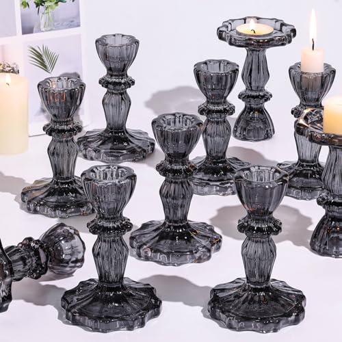 12pcs Taper Candle Holders, Black Candlestick Holders, Glass Candle Holder - Vintage Flower Design Candle Holders for Wedding, Home Decor, Halloween Decor (Black) - color: Black