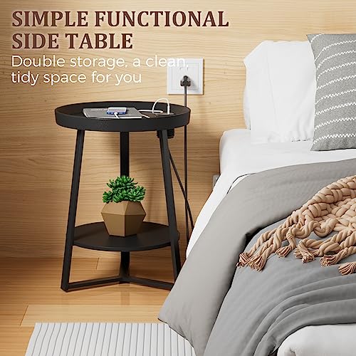 Gadroad Round End Table with Charging Station, USB Ports and Anti-Drop Fence, Wood Tabletop & Black Metal Frame, 2-Tier Side Table for Living Room, Bedroom, Black 15.7 * 15.7 * 23.0 inches - color: Black, style: with Charging Station