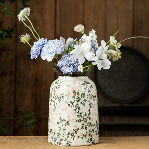 for Mom from Daughter or Son, Vintage Green Chinoiserie Ceramic Vase 7.8”, Ice Crack Floral Retro Decorative Vase for Living Room, Bookshelf, Office, Grandmillennial Decor - color: 11-green and Beige