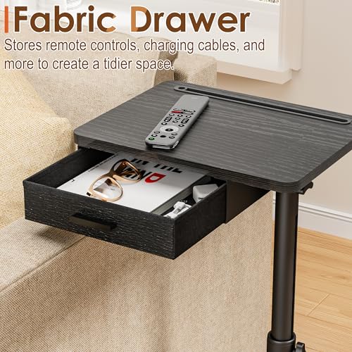 TV Tray with Drawer & Device Slot, Swivel Height Adjustable bedside table, Sofa Side Table for Eating, C Shaped Couch Table for Living Room & Bedroom, Portable Snack End Table for Couch & Bed, Black - color: Black