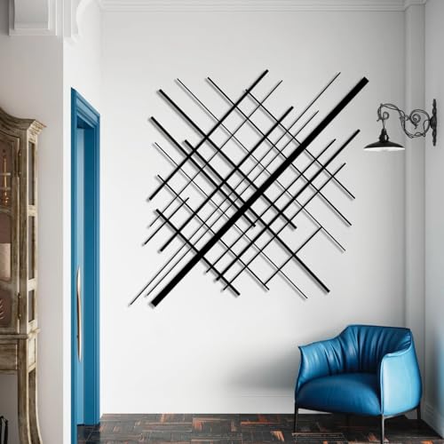 Metal Geometric Overlapping Lines Wall Art, Metal Lines Wall Decor, Minimalist Line Art, Abstract Line Wall Decor, Modern Geometric Decorations for Living Room (Black, 28"x28"/70x70cm) - color: Black, size: 28L" x 28W"