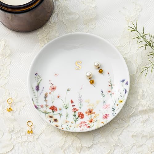 Crisky Initial Jewelry Tray Ring Dish & Gift Box, Ceramic Flower Trinket Dish for Rings Earrings Necklaces Keys, Bridal Shower Engagement Birthday Gift for Women, Friends 4.57" (Gold Foil S - style: Initial S