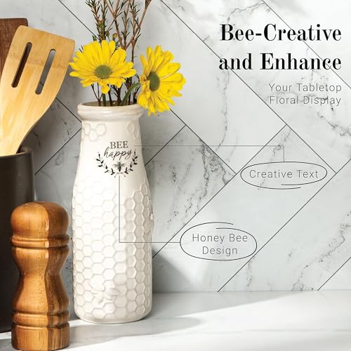 Young's Inc. Ceramic Flower Vase (Bee Happy) - White Ceramic Vase - Honeycomb Decor - 3" L x 3" W x 8" H Contains one Flower vase - color: Vase ("Bee Happy")