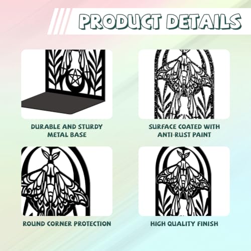 Peacoblue Metal Bookends for Shelves, Bohemian Moth with Moon Modern Decorative Heavy Duty Study Book Ends Stoppers for Office, Desk, Shelf, Room 5.3"x4.3"x7.9" Cast Iron Simple Tall Bookends 1 Pair - style: Bohemian Moth with Moon and Pentagram