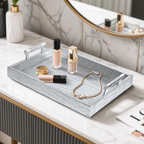 SXNOWS Faux Leather Rectangle Serving Tray with Handles, Large Decorative Tray for Ottoman Coffee Table Decor Living Room, Kitchen, Bathroom, 16x12inches (Silver) - color: Silver