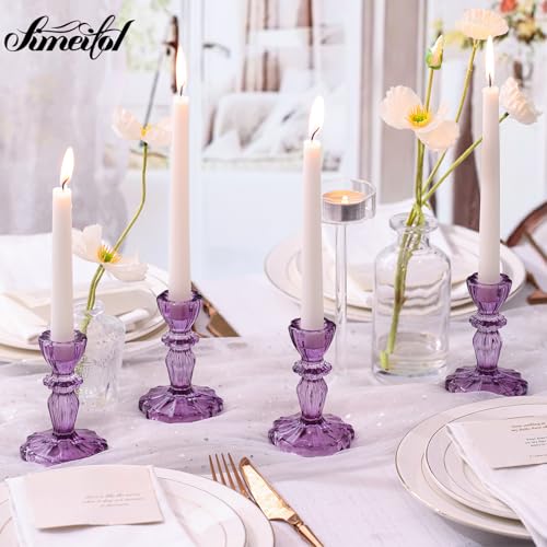 12pcs Taper Candle Holders, Candlestick Holders, Glass Candle Holder - Vintage Flower Design Candle Holders for Wedding, Birthday, Halloween & Home Decoration (Purple) - color: Purple