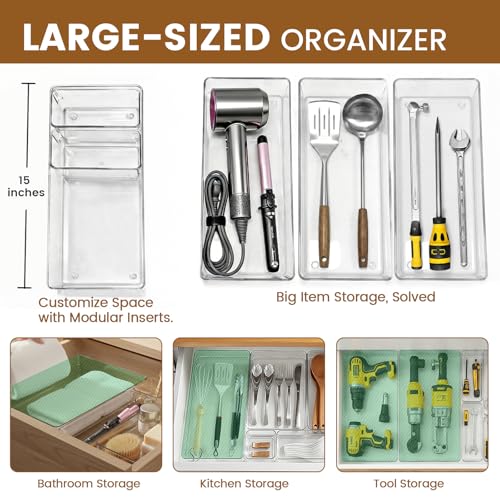 Clear Plastic Drawer Organizer Set with 15 Inch Extra Long Bins, 4 Sizes Large Acrylic Organizers for Kitchen Utensils, Bathroom Trays and Makeup Storage - style: 10pcs with 15inches organizer