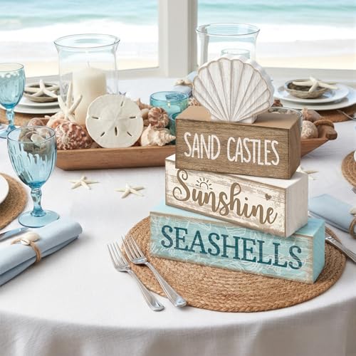 Yuntau 4 Pcs Summer Decorations for Home Shells Wooden Tabletop Decor Summer Tiered Tray Decor Rustic Wood Block Sign Gift Centerpiece Farmhouse Table for Shelf Office - style: Shells