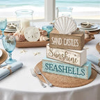Yuntau 4 Pcs Summer Decorations for Home Shells Wooden Tabletop Decor Summer Tiered Tray Decor Rustic Wood Block Sign Gift Centerpiece Farmhouse Table for Shelf Office - style: Shells