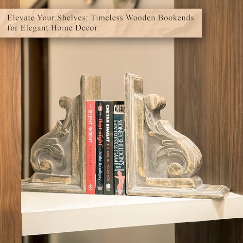 Vintage One Pair of Distressed-Finish Wooden bookends with a Carved Pattern, Perfect for Shelves, Heavy bookends for Books, and Modern Accent for Living Room,Office (Rustic Grey) - color: Rustic Grey