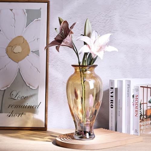 Hand Blown Glass Vase 11.8" Tall Beautiful Amber Gold Sea Wide Mouth Bud Vase for Table Centerpiece, Painted Colorful Murano Glass Flower Vases for - Home Entrance Wedding Center - color: Electrum