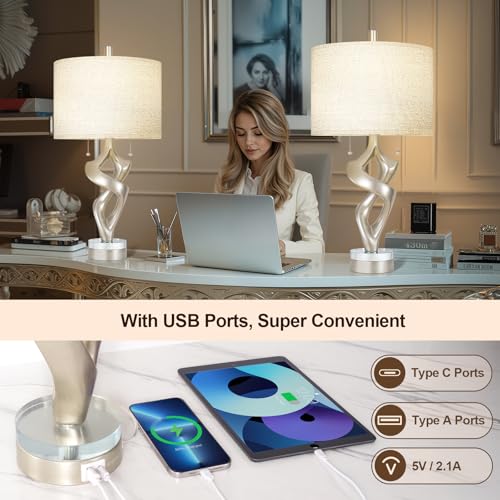 Scenekoy Sculptural Resin Table Lamp Set of 2 with USB Ports for Bedroom Living Room, 26” Antique Silver Leaf Dual Pull Chains Bedside Lamps, Nightstand Lamp for Home Room Decor (Bulbs Included) - size: 26 inches Silver Leaf -028-SL