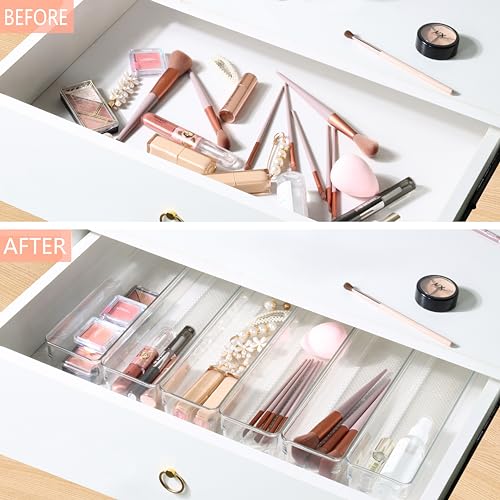 6 Set Clear Plastic Junk Drawer Organizer Vanity Curlery Utensil Makeups Organizer for Kitchen 12'' X 3'' - size: 6 Pack 12"x3" Clear Plastic