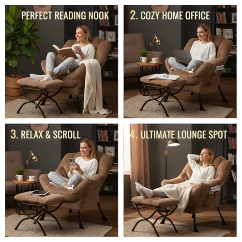 Tiita Lazy Chair with Ottoman, Khaki Modern Large Accent Chair, Comfy Leisure Sofa Armchair with Ottoman, Reading Chair with Footrest for Bedroom, Living Room, Dorm Rooms, Velvet Khaki - color: Khaki