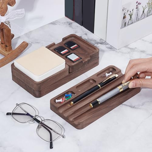 4 Piece Wooden Desk Organizer Tray With Pen Holder, Walnut Wood Pencil Holder, Minimalist Desk Accessories, Mens Valet Tray Office Supplies, Stationery Pen Key Wallet Catchall Trays - style: valet tray