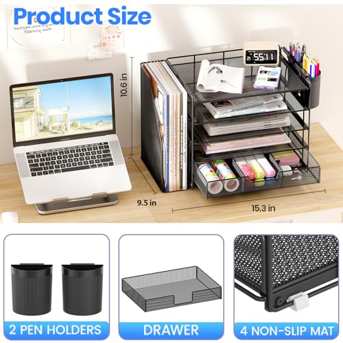 OPNICE Desk Organizer, 5-Tier Paper File Organizer with Drawer & Pen Holder, Office Desk Accessories, Workspace Desktop Organizer for Office Supplies(Black) - color: Black, size: 5-Tier
