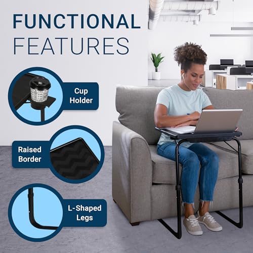 Table-Mate TV Tray Table | Portable Desk Folding Dinner Tray, Couch Table Trays for Eating Snack Food, Portable Laptop Desk, Bed Trays for Eating | Adjustable TV Trays with 3 Angles and Cup Holder - color: White, size: 15"D x 21"W x 29"H
