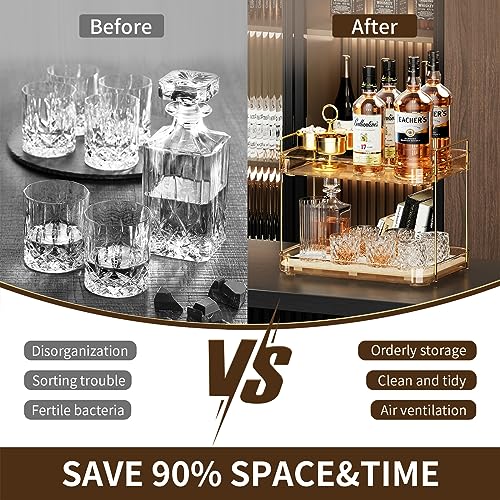 Seoneiro Whiskey Tray, Glass Cup Rack, Mug Holder, Coffee Cup Organizer, Bathroom Countertop Organizer with Drain Board Wine Glass Decorative, Food Tray, Kitchen Spice Rack - color: Amber-2