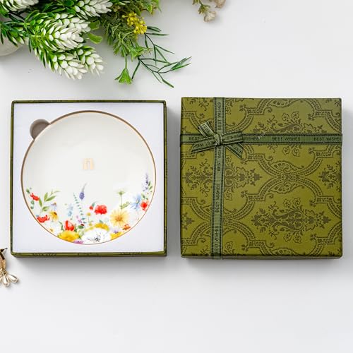 Crisky Flower Jewelry Tray Ring Dish & Gift Box, Ceramic Trinket Dish for Rings Earrings Necklaces Keys, Bridal Shower Engagement Birthday Gift for Women, Friends 4.57" (Gold Foil N - style: Initial N