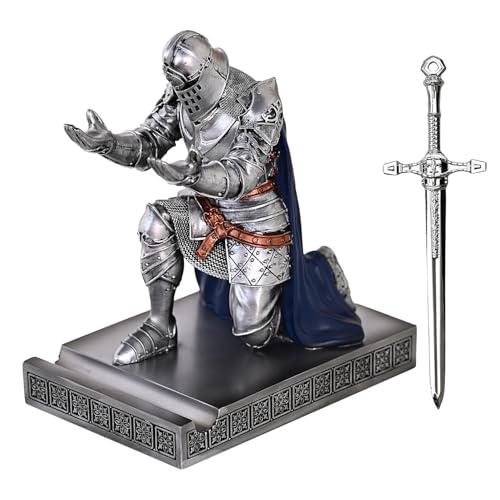 King's Guard Leader Cloak Warrior Knight Pen Holder Mobile Phone Stand, Ornament Knight Statue, Pen Stand Paperweight for Office and Home (SilverBlue) - color: Silverblue