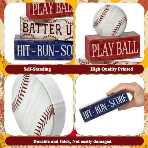 Yuntau 4 Pcs Baseball Decorations Sports Wooden Sign Baseball Centerpieces for Tables Tiered Tray Decor Decorative Mini Faux Book Stack Block for Bedroom Boys Room Party Coffee Mantel Shelf - style: Baseball