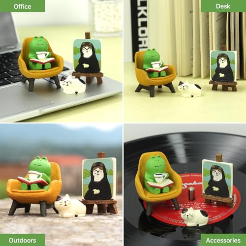 RAQWI Cute Frog Reading on Yellow Sofa Figurine with Cat Painting & Kitten Statue, Mini Resin Animal Set for Office Desk, Bookshelf Decor, Gift for Book & Cat Lovers - color: First Set