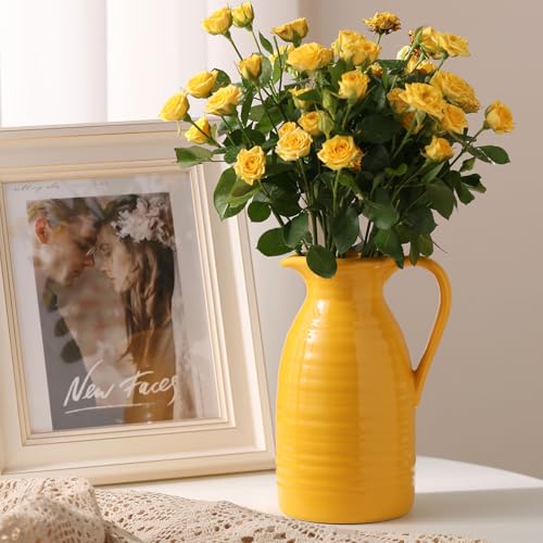 hjn Farmhouse Pitcher Vase for Flowers- Decrative Pitchers White Ceramic Pitcher Yellow Vase for Your Kitchen/Home Decor/Office/Living Room/Bookshelf/Mantel/-Yellow - color: Yellow - Pitcher Vase