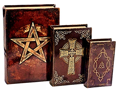 Bellaa 27994 Decorative Book Box Vintage Celtic Knot Cross Pentagram Pentacle Occult Pagan Irish Invisible Hidden Secret Storage Jewelry Keepsake Antique Magnetic Cover Gift Set of 3 - style: Gold Foil B