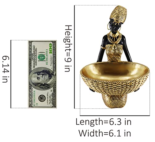 Lescafita Handmade African Seated Woman Sculpture - Gold Tribal Figure Holding Basket, Resin Home Decor for Shelf/Table, Unique Cultural Gift (9" H) - color: 301-gold