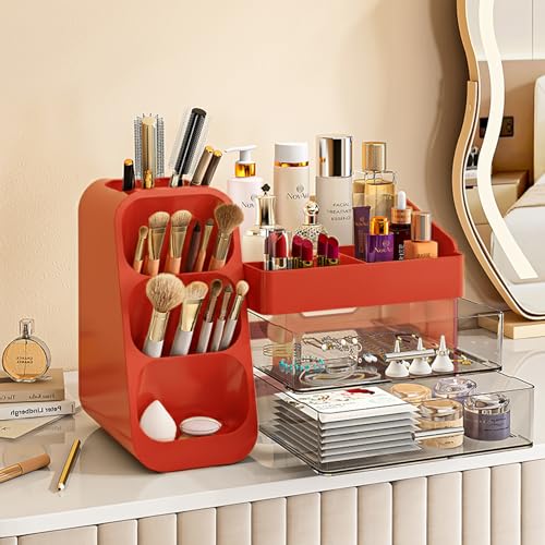 Booklov Makeup Organizer for Vanity, Large Capacity Cosmetic Display Case with Clear Acrylic Drawers, Countertop Beauty Storage Holder for Skincare, Brush Eyeshadow Lipstick, Counter Desk, Crystal Red - color: Crystal Red, size: L01