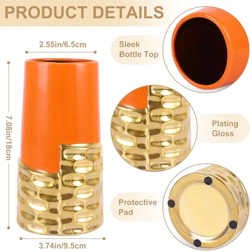 LCCCK 7.0" Gold Hammered Vase Home Decor, Elegant Ceramic Orange and Gold Flower Vase for Pampas Grass Decorative, Boho Small Cylinder Vases Centerpiece, Dining Table Living Room Jarrones Art - color: Orange and Gold
