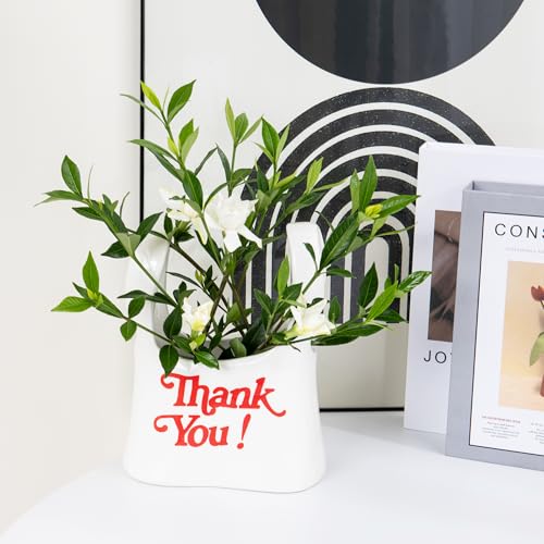 Handmade Ceramic Bag Flower Vase with Red “Thank You” Print | Glossy White Purse Vase for Modern Home Decor, Mantel, Kitchen, Living Room, Table Centerpiece