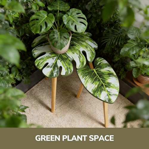 BAMEOS Monstera Leaf Nesting Tables Set of 2, Small Side Tables f Set with Leaf Vein Pattern, Modern Wooden CoffeeTables for Living Room Bedroom Apartment Balcony Yard - color: Green Monstera