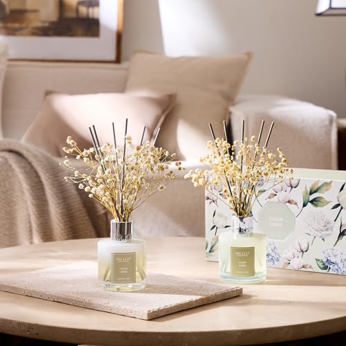 Airkeep Reed Diffuser 3.38 oz (100ml) 2pk, Clean Linen Scented Reed Diffuser Set,Reed Diffuser & Oil Diffuser Sticks, Aromatherapy, Airkeep Reed Diffuser Set Box 2-Clean Linen - size: Real Flower/3.38Ounce/2pack