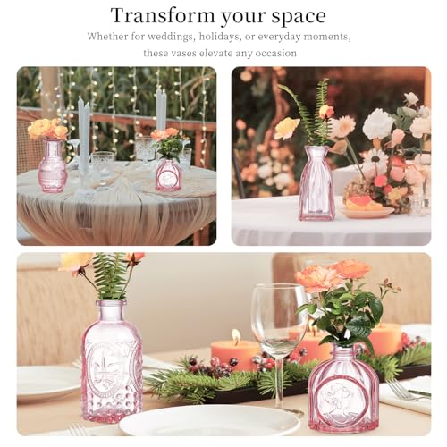 Glass Bud Vases Set of 16 - Pink Assorted Small Mini Glass Vases for Flowers, Crystal Vintage Vase Set, Bulk Centerpieces for Table Décor, Wedding, Home and Events (Pink, 16 Pcs) - color: Pink, size: 16 Pcs