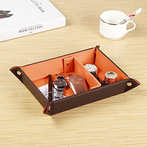 YAPISHI Key Dish Bowl for Men, Entryway Catchall Holder Bedside Table Valet Tray for Pocket Stuff, PU Leather Nightstand Organizer for Dice/Coins/Wallet/Watch/Rings/Sunglasses, Dresser/Coffee Table - color: X-orange
